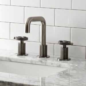 Webb KS141BSSRKX Two-Handle 3-Hole Deck Mount Widespread Bathroom Faucet with Knurled Handle and Push Pop-Up Drain, Black Stainless