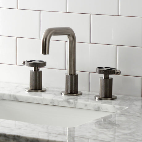 Webb KS141BSSRKX Two-Handle 3-Hole Deck Mount Widespread Bathroom Faucet with Knurled Handle and Push Pop-Up Drain, Black Stainless