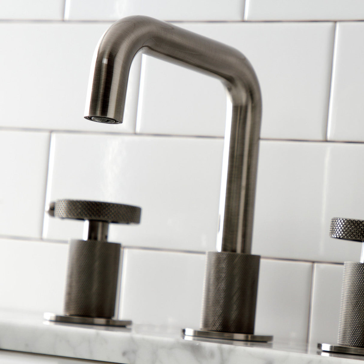 Webb KS141BSSRKX Two-Handle 3-Hole Deck Mount Widespread Bathroom Faucet with Knurled Handle and Push Pop-Up Drain, Black Stainless