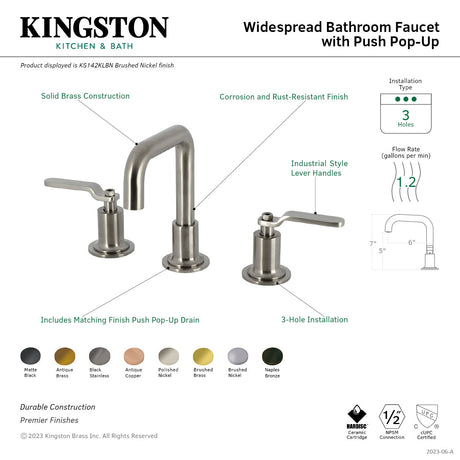 Whitaker KS142KLBN Two-Handle 3-Hole Deck Mount Widespread Bathroom Faucet with Push Pop-Up, Brushed Nickel