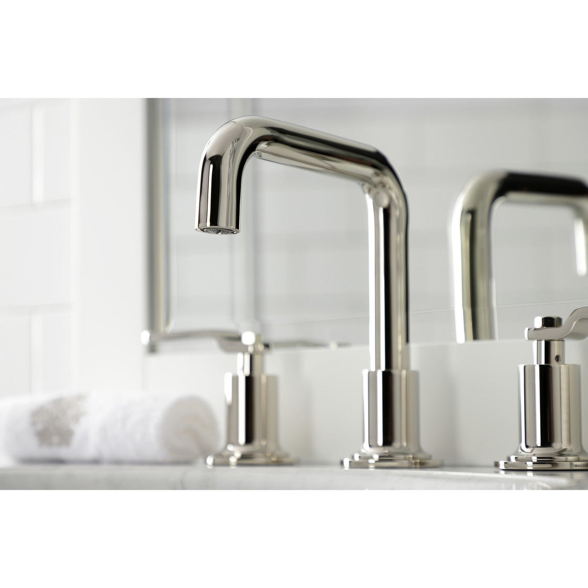 Whitaker KS142KLPN Two-Handle 3-Hole Deck Mount Widespread Bathroom Faucet with Push Pop-Up, Polished Nickel