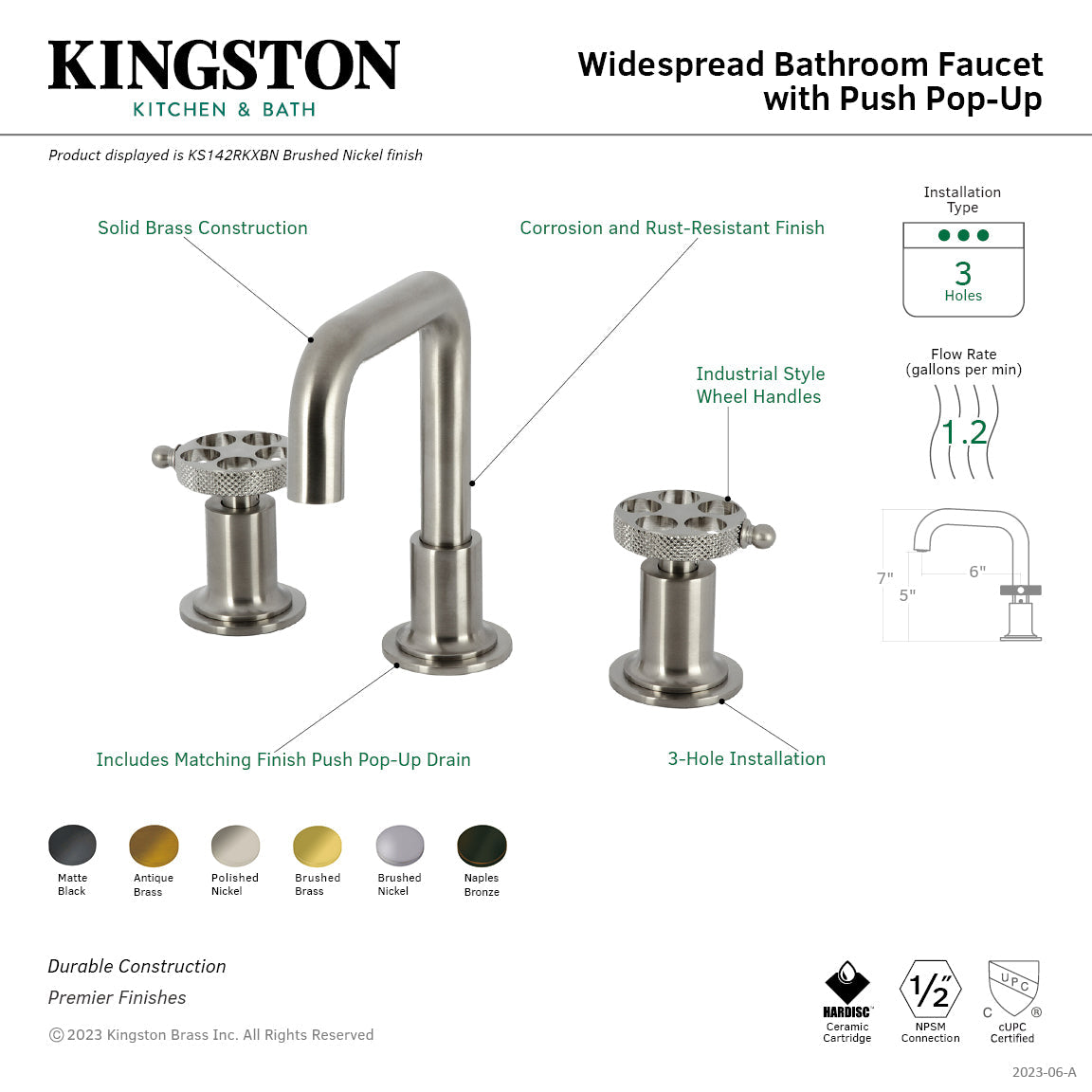 Webb KS142RKXBB Two-Handle 3-Hole Deck Mount Widespread Bathroom Faucet with Knurled Handle and Push Pop-Up Drain, Brushed Brass