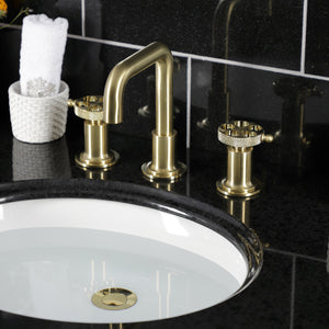 Webb KS142RKXBB Two-Handle 3-Hole Deck Mount Widespread Bathroom Faucet with Knurled Handle and Push Pop-Up Drain, Brushed Brass