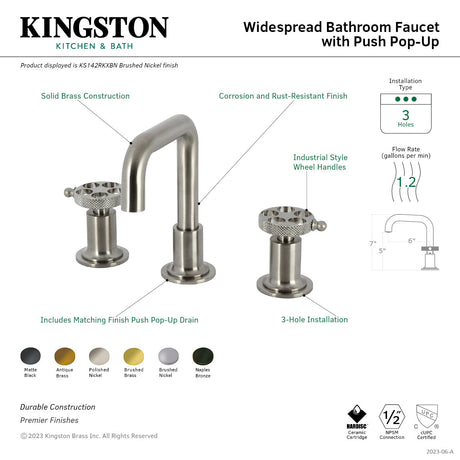 Webb KS142RKXBN Two-Handle 3-Hole Deck Mount Widespread Bathroom Faucet with Knurled Handle and Push Pop-Up Drain, Brushed Nickel