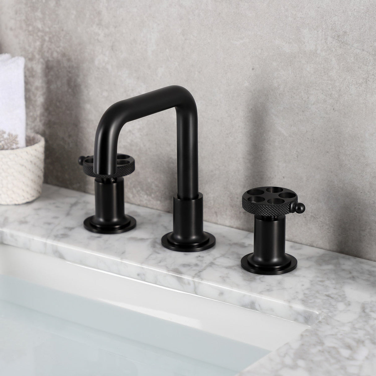 Webb KS142RKXMB Two-Handle 3-Hole Deck Mount Widespread Bathroom Faucet with Knurled Handle and Push Pop-Up Drain, Matte Black