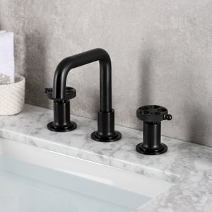 Webb KS142RKXMB Two-Handle 3-Hole Deck Mount Widespread Bathroom Faucet with Knurled Handle and Push Pop-Up Drain, Matte Black