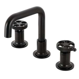 Webb KS142RKXMB Two-Handle 3-Hole Deck Mount Widespread Bathroom Faucet with Knurled Handle and Push Pop-Up Drain, Matte Black