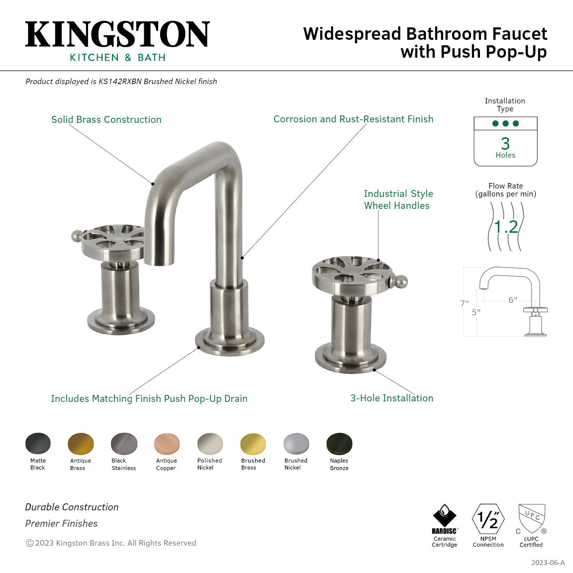 Belknap KS142RXAB Two-Handle 3-Hole Deck Mount Widespread Bathroom Faucet with Push Pop-Up, Antique Brass