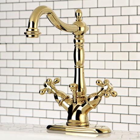 Heritage KS1432AX Two-Handle 1-or-3 Hole Deck Mount Bathroom Faucet with Brass Pop-Up, Polished Brass
