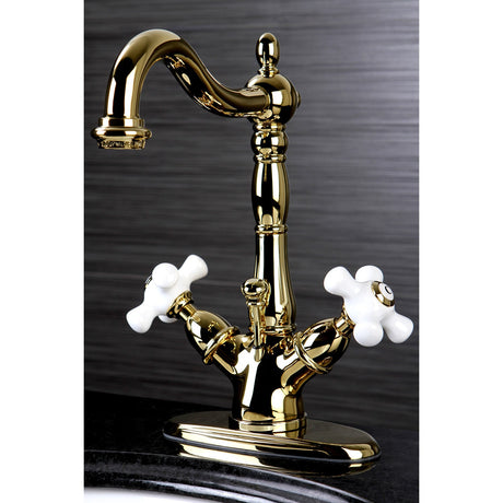 Heritage KS1432PX Two-Handle 1-or-3 Hole Deck Mount Bathroom Faucet with Brass Pop-Up, Polished Brass