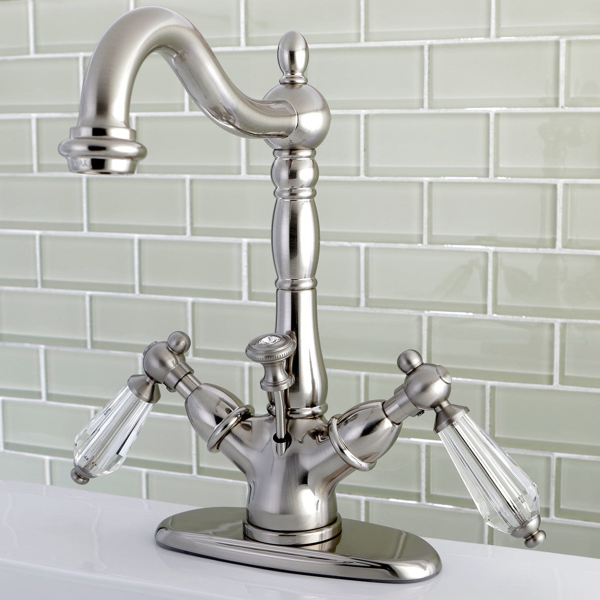 Wilshire KS1438WLL Two-Handle 1-or-3 Hole Deck Mount Bathroom Faucet with Brass Pop-Up, Brushed Nickel