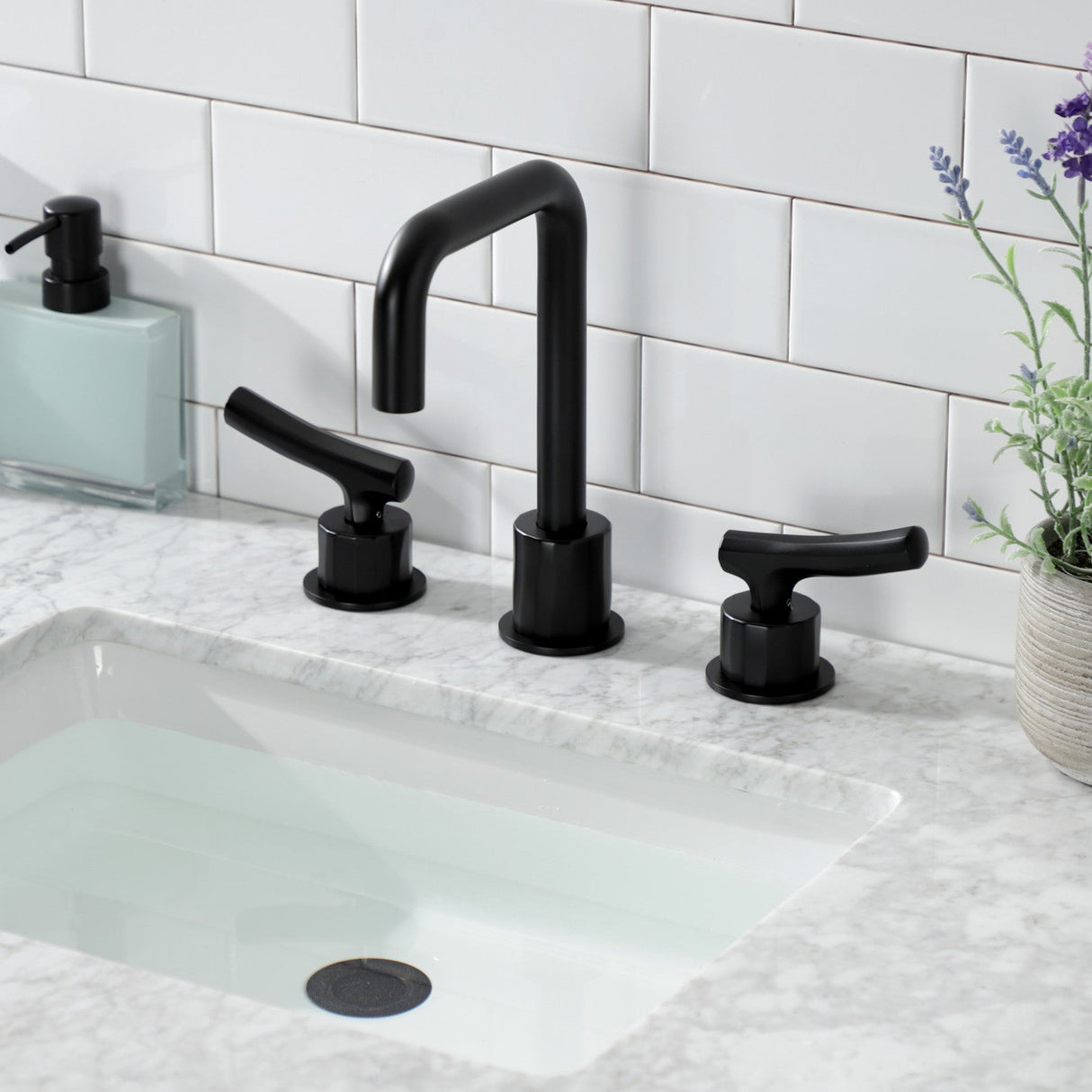 Hallerbos KS1450TKL Two-Handle 3-Hole Deck Mount Widespread Bathroom Faucet with Push Pop-Up, Matte Black