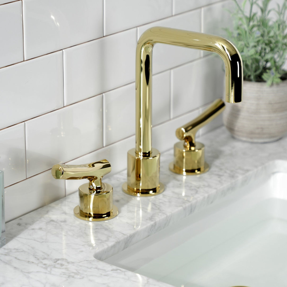 Hallerbos KS1452TKL Two-Handle 3-Hole Deck Mount Widespread Bathroom Faucet with Push Pop-Up, Polished Brass