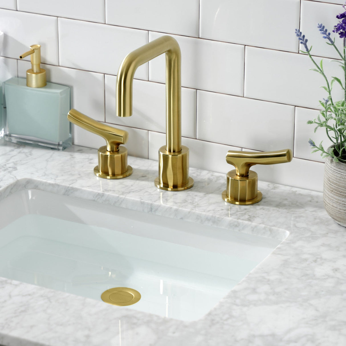 Hallerbos KS1457TKL Two-Handle 3-Hole Deck Mount Widespread Bathroom Faucet with Push Pop-Up, Brushed Brass