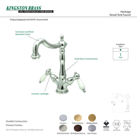 Heritage KS1491PL Two-Handle 1-or-3 Hole Deck Mount Vessel Faucet, Polished Chrome