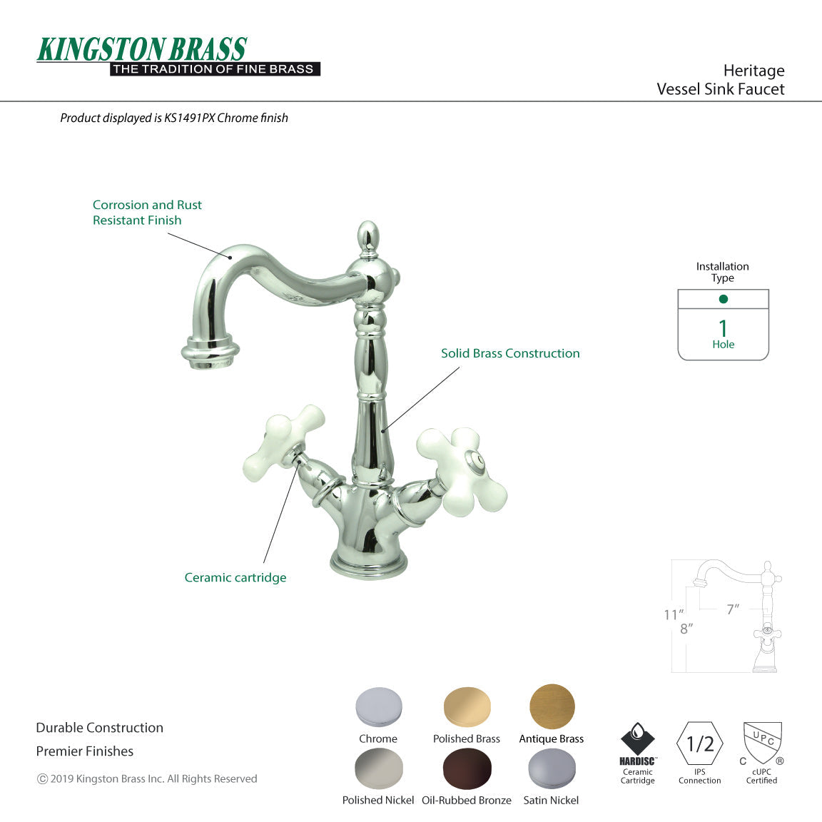 Heritage KS1491PX Two-Handle 1-or-3 Hole Deck Mount Vessel Faucet, Polished Chrome