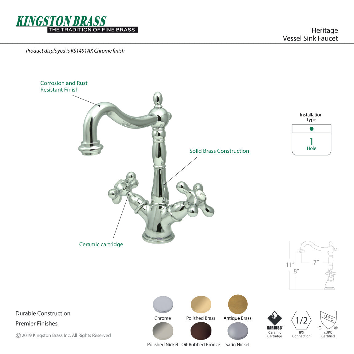 Heritage KS1492AX Two-Handle 1-or-3 Hole Deck Mount Vessel Faucet, Polished Brass