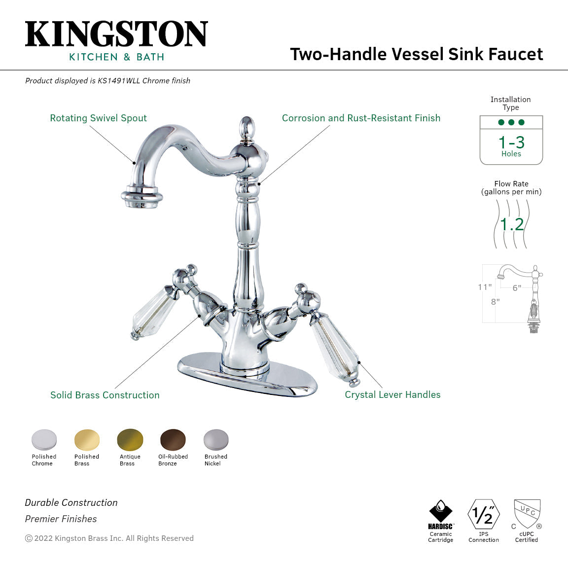 Wilshire KS1492WLL Two-Handle 1-or-3 Hole Deck Mount Vessel Faucet, Polished Brass