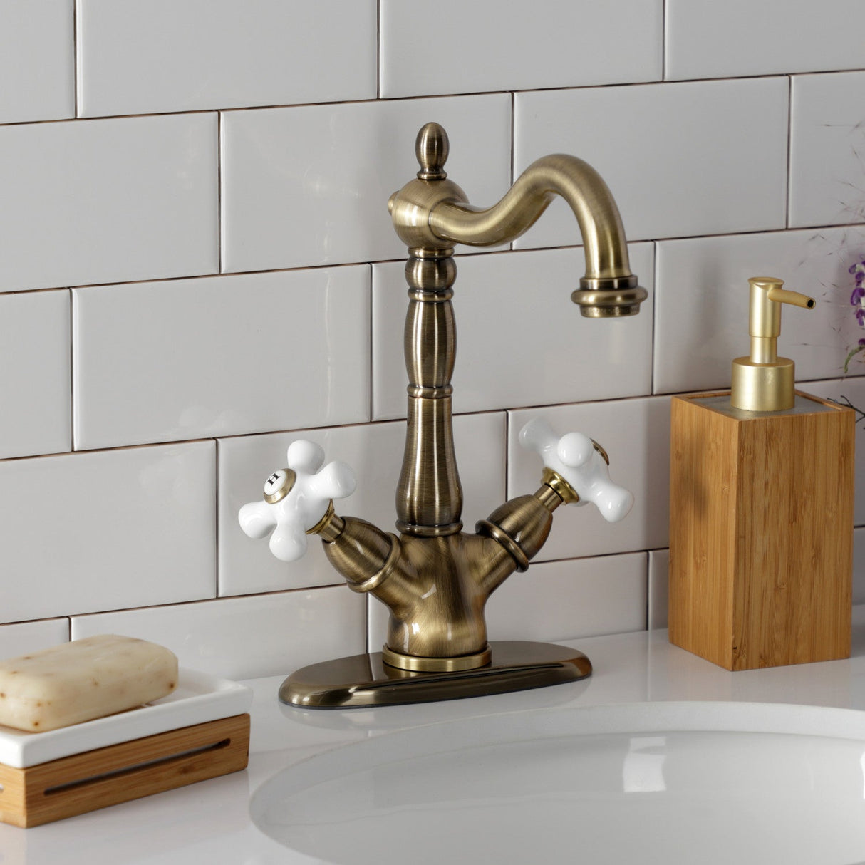 Heritage KS1493PX Two-Handle 1-or-3 Hole Deck Mount Vessel Faucet, Antique Brass