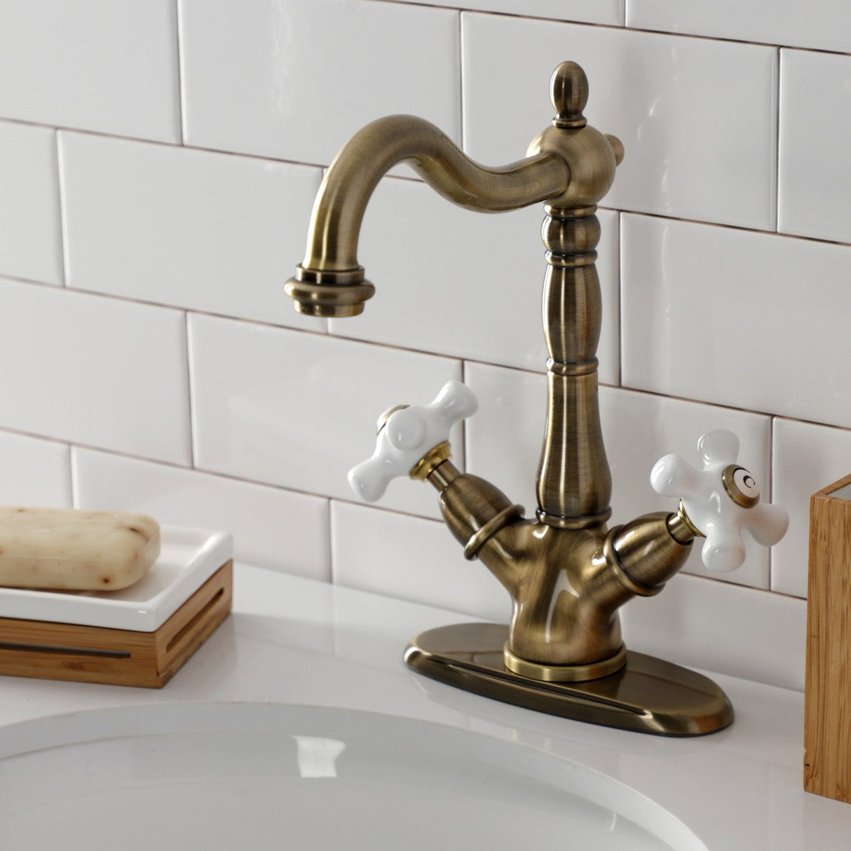 Heritage KS1493PX Two-Handle 1-or-3 Hole Deck Mount Vessel Faucet, Antique Brass