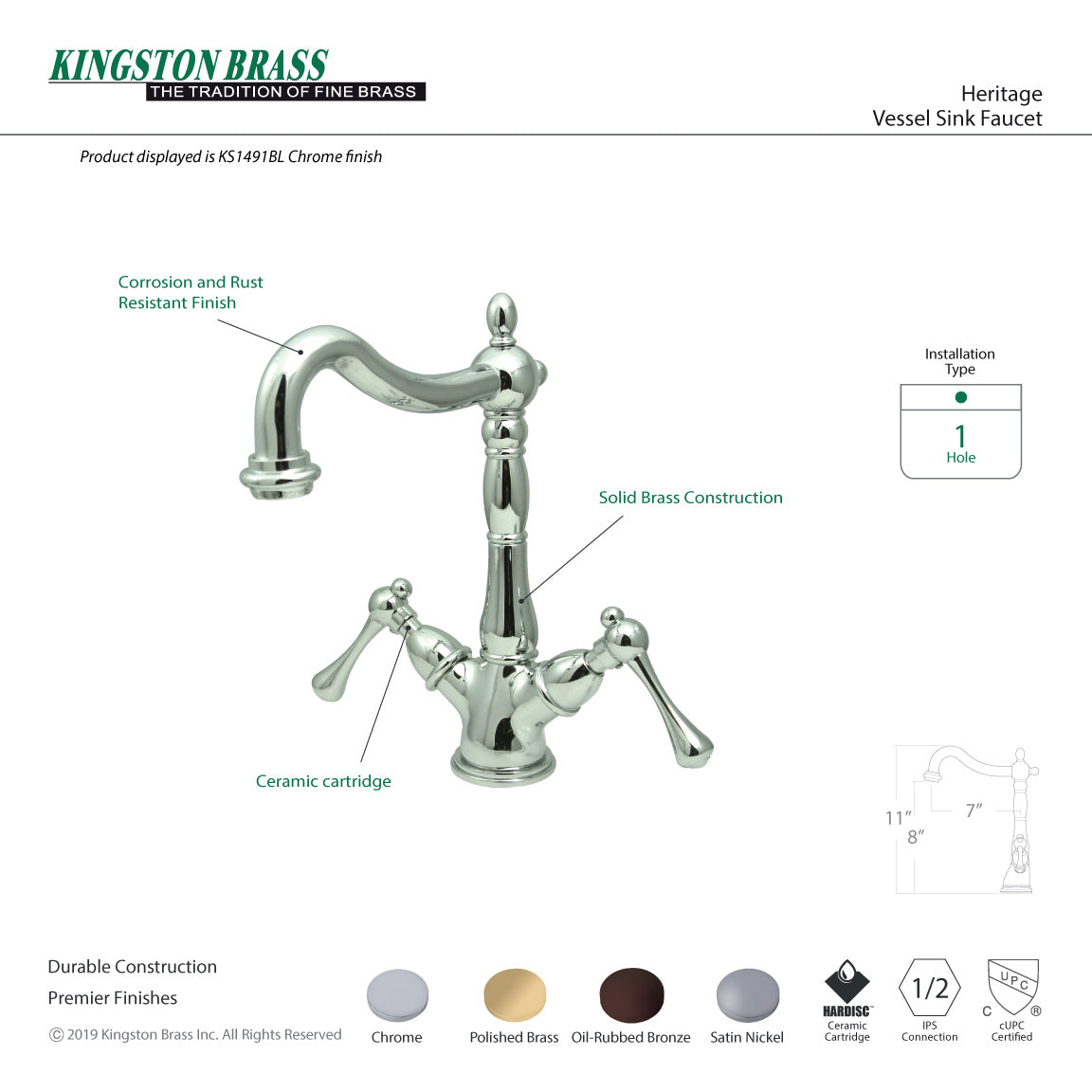 Heritage KS1495BL Two-Handle 1-or-3 Hole Deck Mount Vessel Faucet, Oil Rubbed Bronze