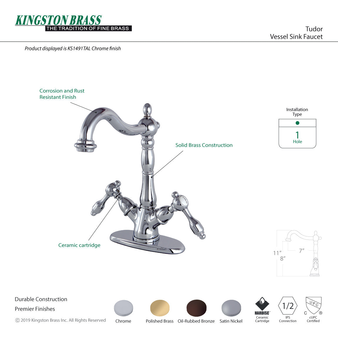 Tudor KS1495TAL Two-Handle 1-or-3 Hole Deck Mount Vessel Faucet, Oil Rubbed Bronze