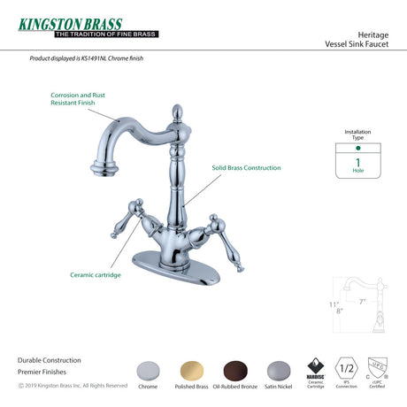 Heritage KS1498NL Two-Handle 1-or-3 Hole Deck Mount Vessel Faucet, Brushed Nickel