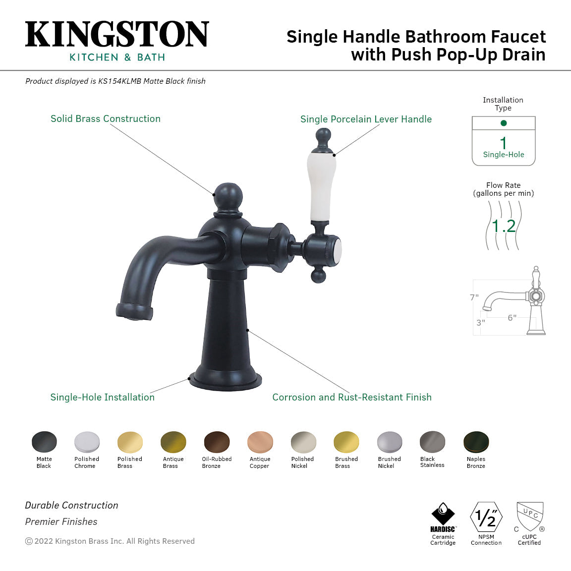 Nautical KS154KLBB Single-Handle 1-Hole Deck Mount Bathroom Faucet with Push Pop-Up, Brushed Brass