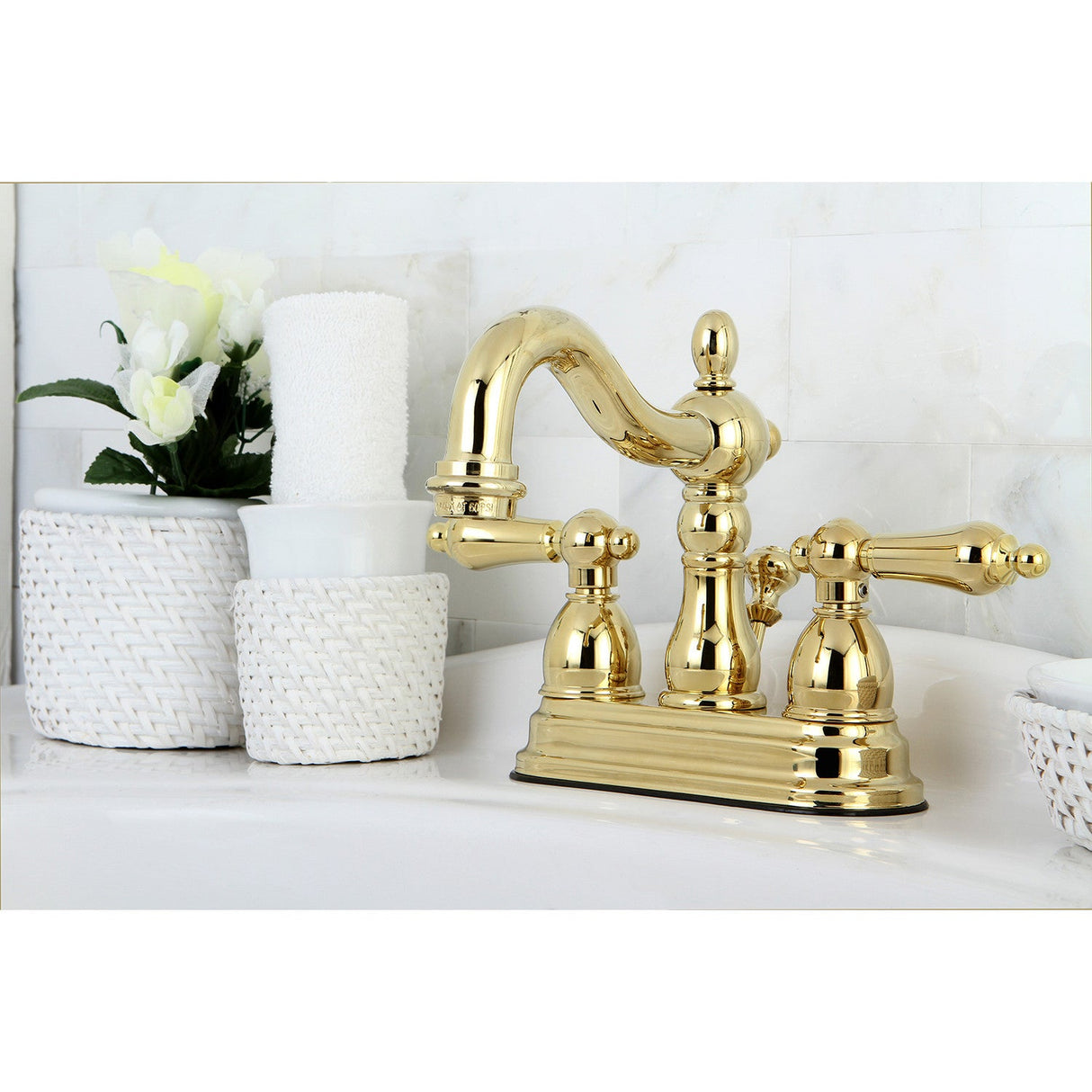 Heritage KS1602AL Two-Handle 3-Hole Deck Mount 4" Centerset Bathroom Faucet with Brass Pop-Up, Polished Brass