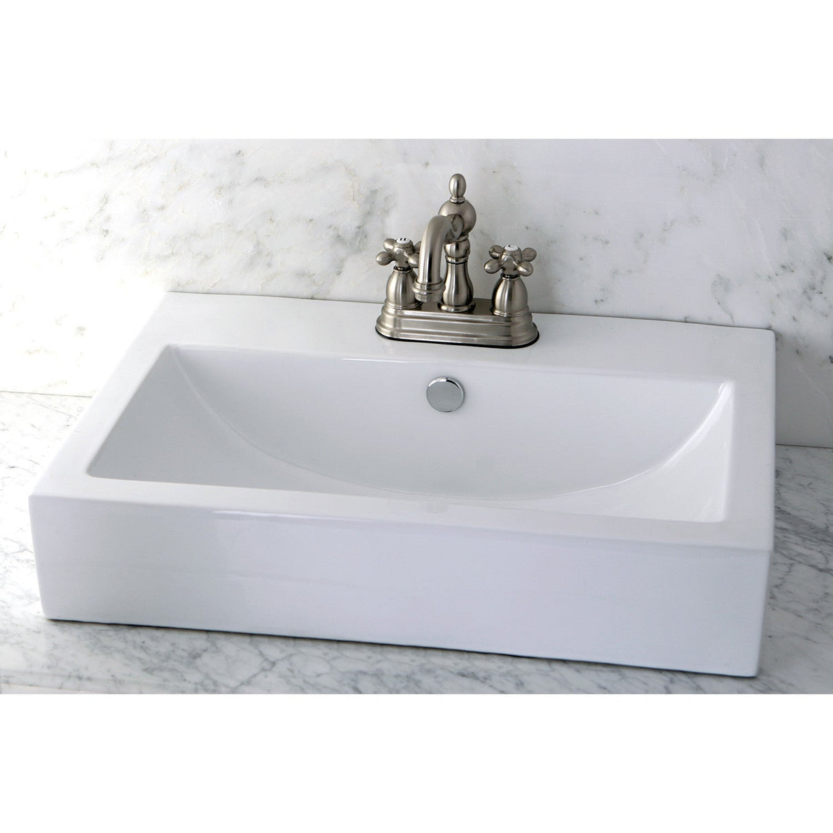 Heritage KS1608AX Two-Handle 3-Hole Deck Mount 4" Centerset Bathroom Faucet with Brass Pop-Up, Brushed Nickel