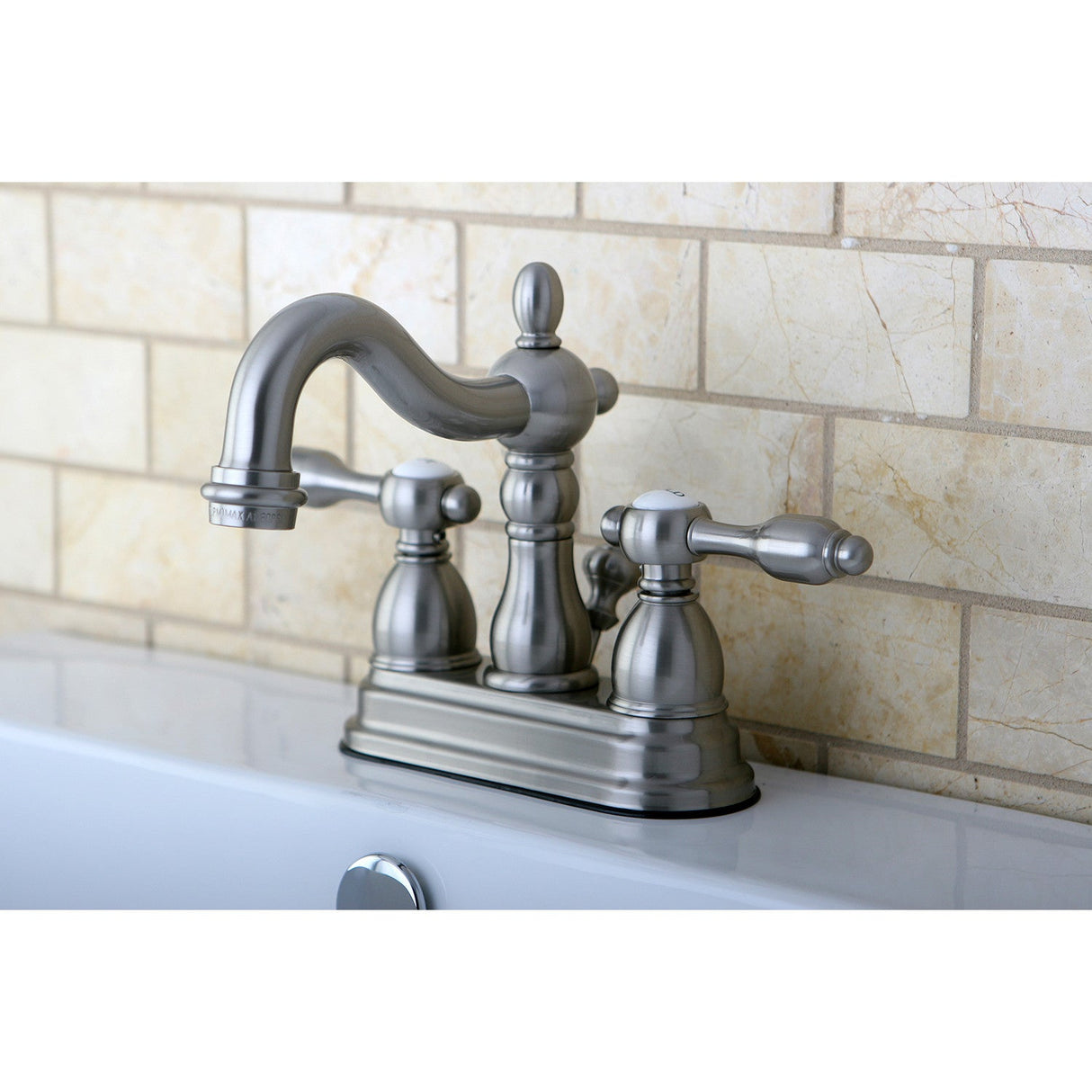 Tudor KS1608TAL Two-Handle 3-Hole Deck Mount 4" Centerset Bathroom Faucet with Brass Pop-Up, Brushed Nickel