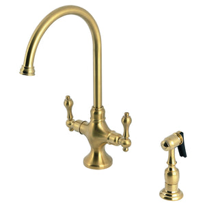 Vintage KS1767ALBS Two-Handle 2-Hole Deck Mount Kitchen Faucet with Brass Sprayer, Brushed Brass