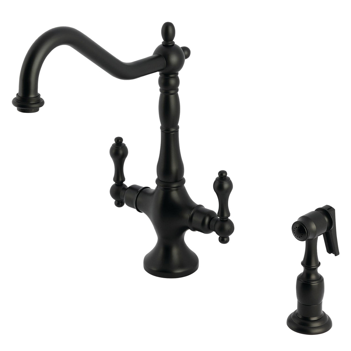 Heritage KS1770ALBS Two-Handle 2-Hole Deck Mount Kitchen Faucet with Brass Sprayer, Matte Black