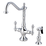 Heritage KS1771ALBS Two-Handle 2-Hole Deck Mount Kitchen Faucet with Brass Sprayer, Polished Chrome