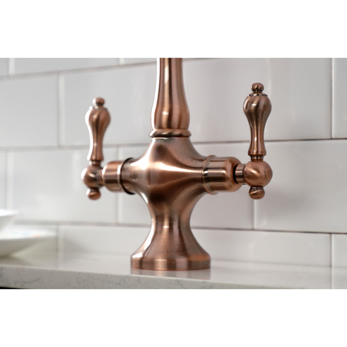 Heritage KS177ALBSAC Two-Handle 2-Hole Deck Mount Kitchen Faucet with Brass Sprayer, Antique Copper