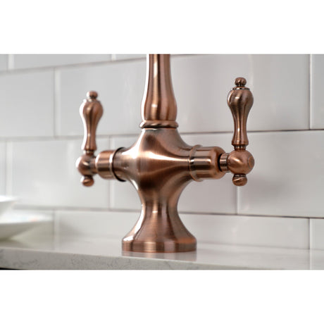 Heritage KS177ALBSAC Two-Handle 2-Hole Deck Mount Kitchen Faucet with Brass Sprayer, Antique Copper