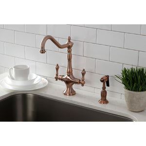 Heritage KS177ALBSAC Two-Handle 2-Hole Deck Mount Kitchen Faucet with Brass Sprayer, Antique Copper