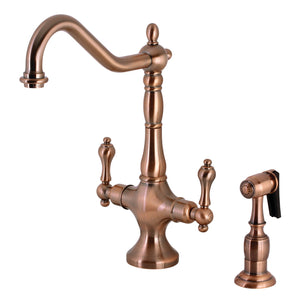 Heritage KS177ALBSAC Two-Handle 2-Hole Deck Mount Kitchen Faucet with Brass Sprayer, Antique Copper