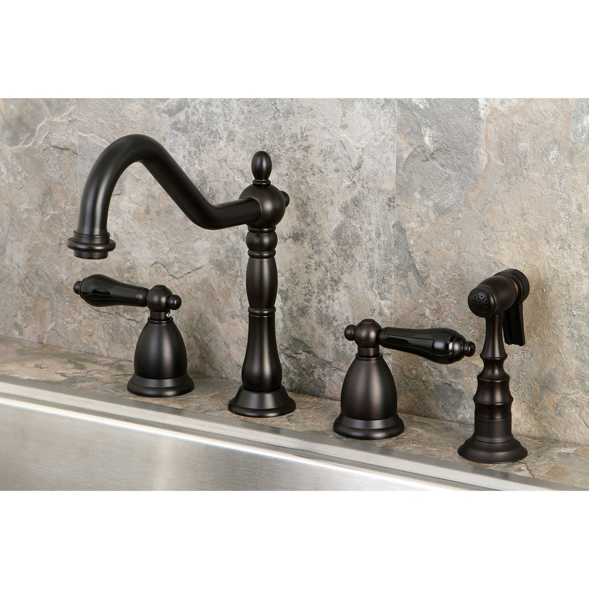 Duchess KS1795PKLBS Two-Handle 4-Hole Deck Mount Widespread Kitchen Faucet with Brass Sprayer, Oil Rubbed Bronze