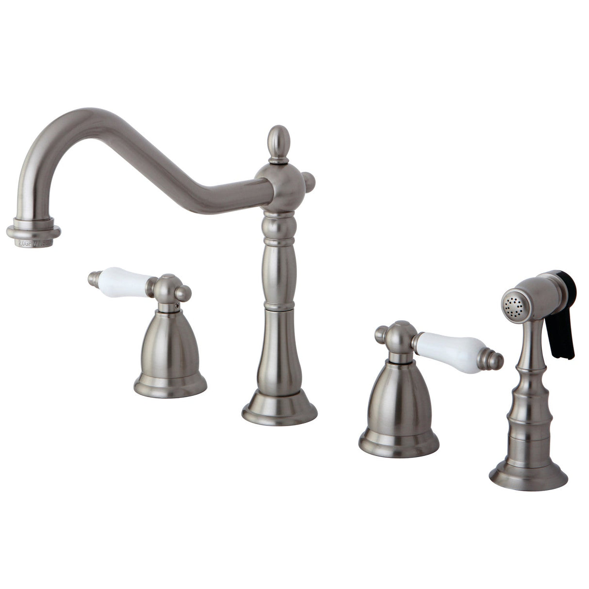 Heritage KS1798PLBS Two-Handle 4-Hole Deck Mount Widespread Kitchen Faucet with Brass Sprayer, Brushed Nickel
