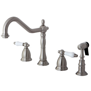 Heritage KS1798PLBS Two-Handle 4-Hole Deck Mount Widespread Kitchen Faucet with Brass Sprayer, Brushed Nickel