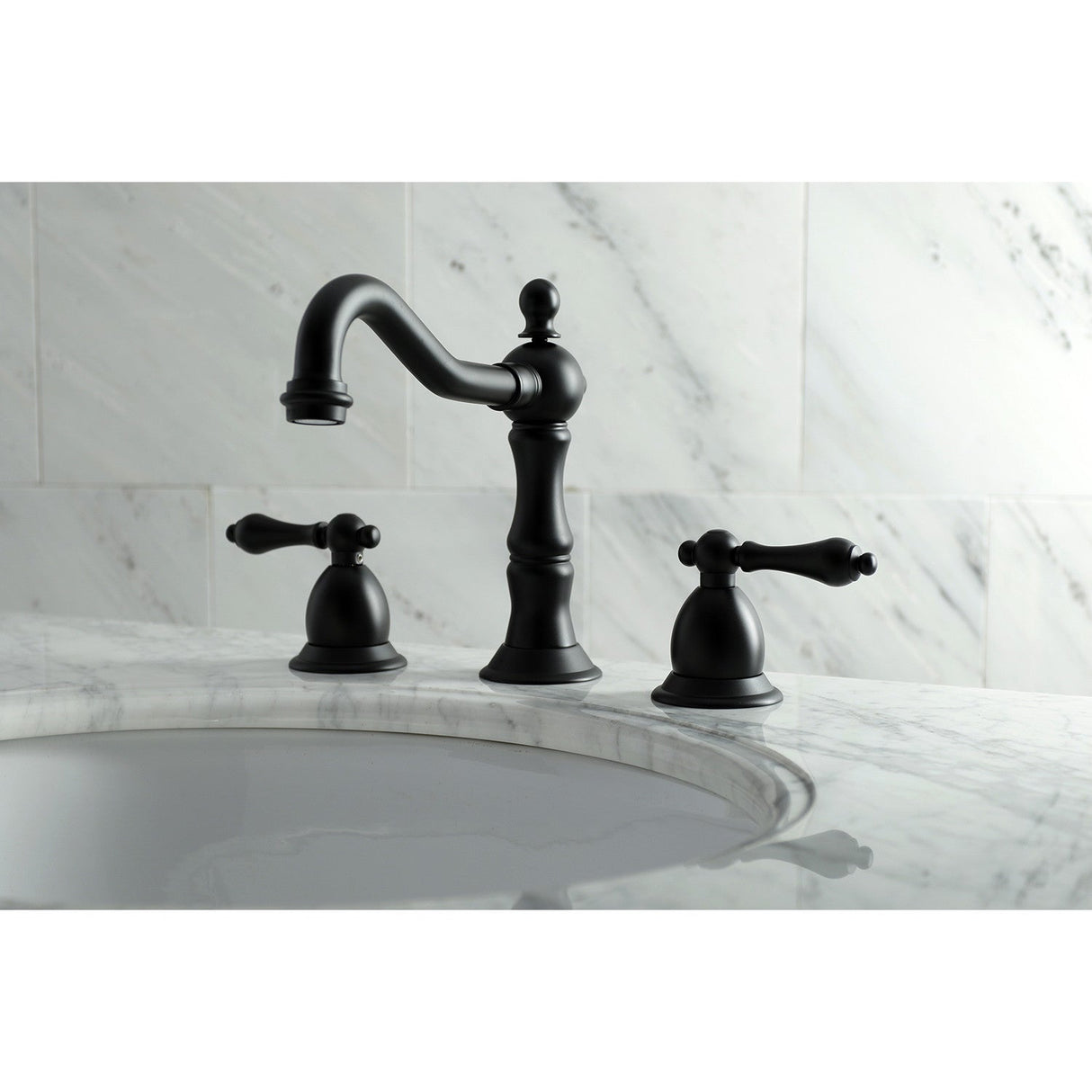 Heritage KS1970AL Two-Handle 3-Hole Deck Mount Widespread Bathroom Faucet with Brass Pop-Up, Matte Black