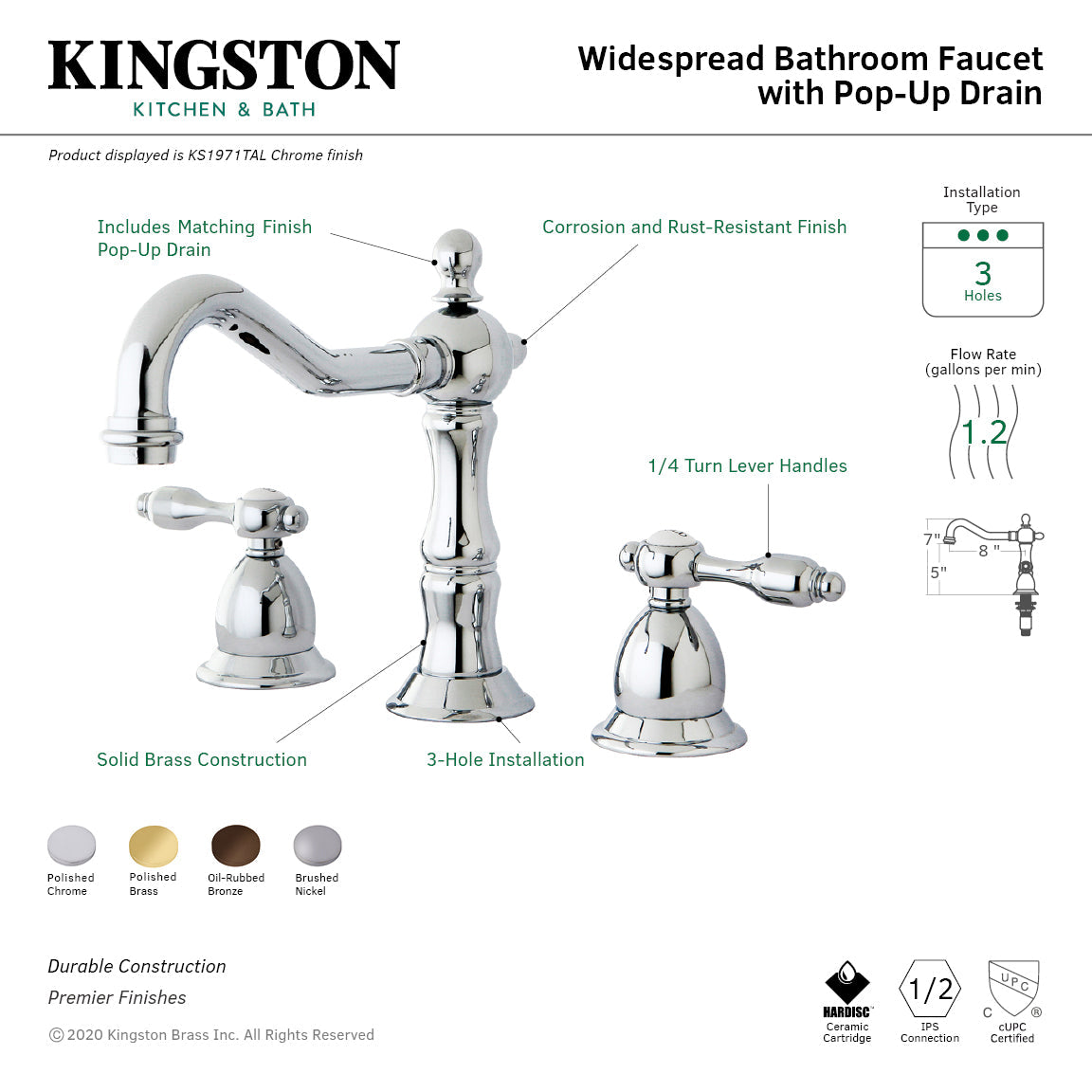 Tudor KS1971TAL Two-Handle 3-Hole Deck Mount Widespread Bathroom Faucet with Brass Pop-Up, Polished Chrome