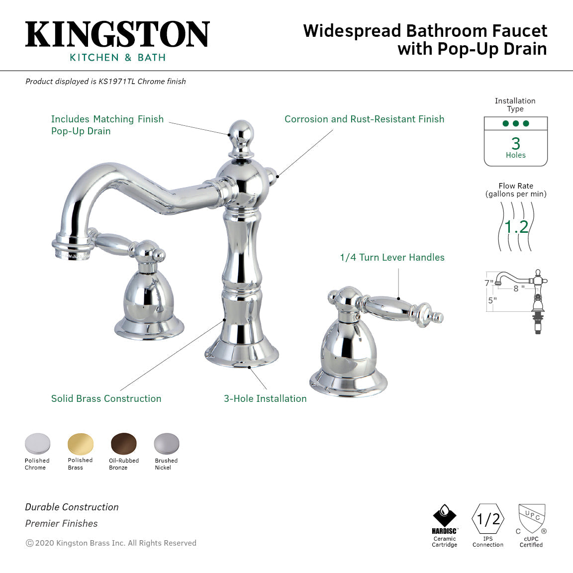 Heritage KS1971TL Two-Handle 3-Hole Deck Mount Widespread Bathroom Faucet with Brass Pop-Up, Polished Chrome