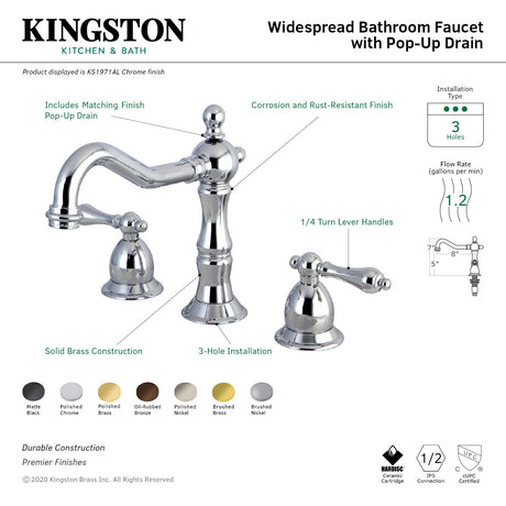 Heritage KS1972AL Two-Handle 3-Hole Deck Mount Widespread Bathroom Faucet with Brass Pop-Up, Polished Brass