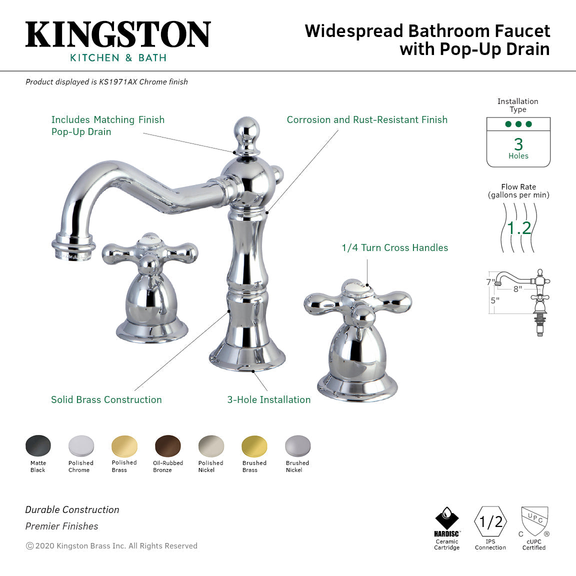 Heritage KS1972AX Two-Handle 3-Hole Deck Mount Widespread Bathroom Faucet with Brass Pop-Up, Polished Brass