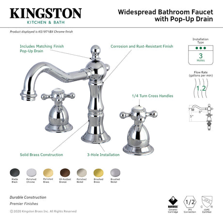 Heritage KS1972BX Two-Handle 3-Hole Deck Mount Widespread Bathroom Faucet with Brass Pop-Up, Polished Brass