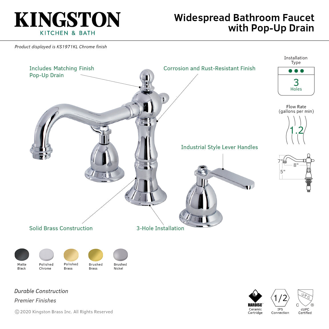 Whitaker KS1972KL Two-Handle 3-Hole Deck Mount Widespread Bathroom Faucet with Brass Pop-Up, Polished Brass