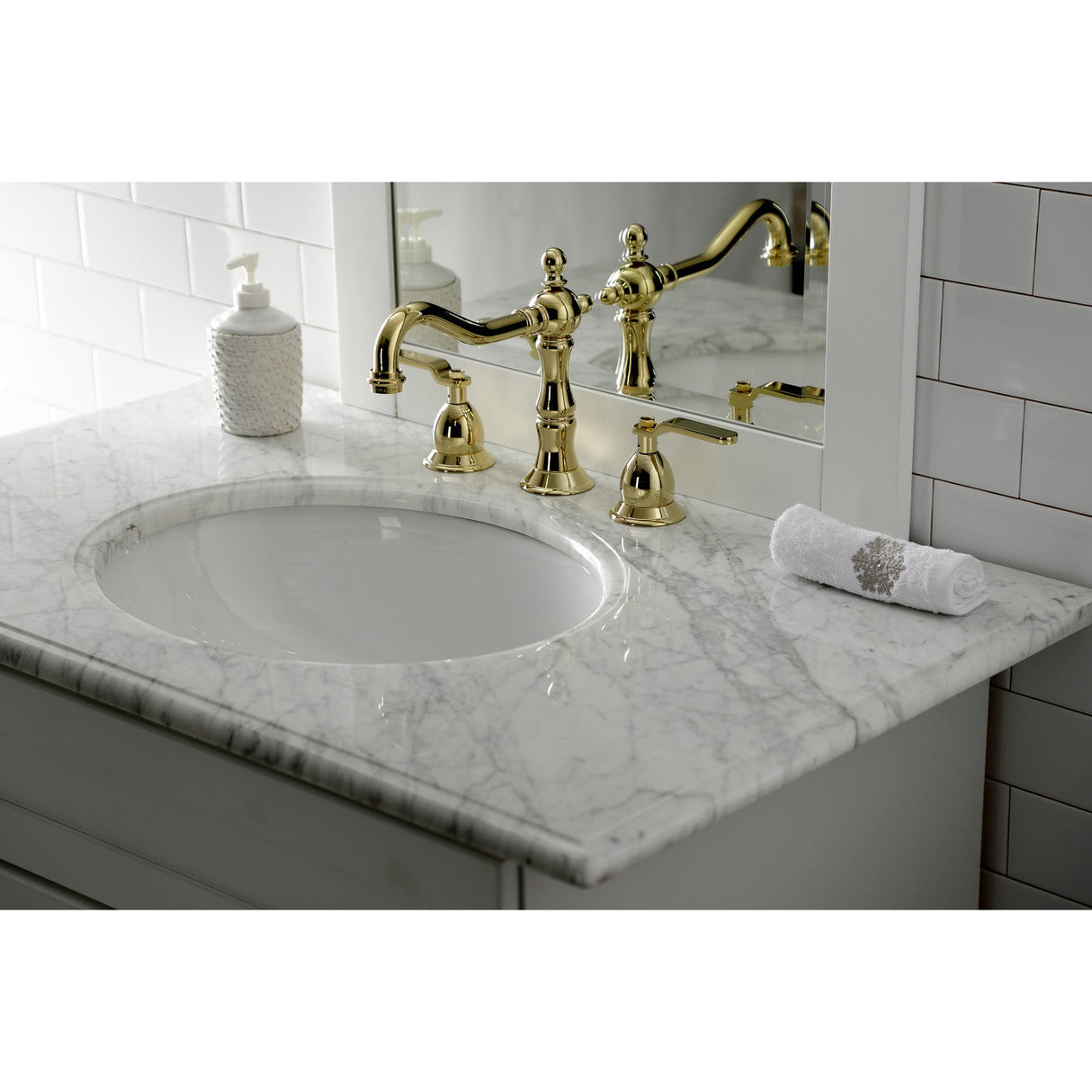 Whitaker KS1972KL Two-Handle 3-Hole Deck Mount Widespread Bathroom Faucet with Brass Pop-Up, Polished Brass