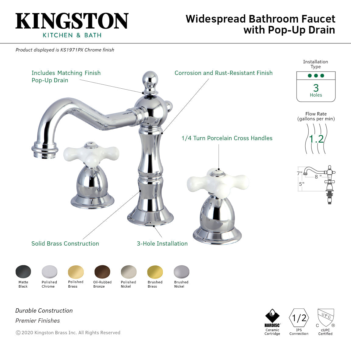 Heritage KS1972PX Two-Handle 3-Hole Deck Mount Widespread Bathroom Faucet with Brass Pop-Up, Polished Brass